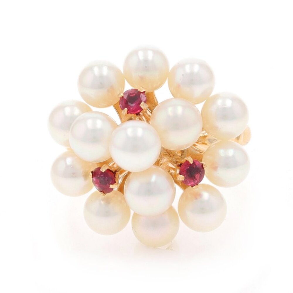 Yellow Gold Akoya Pearls Ruby Cluster Cocktail Ring 14k .24ctw